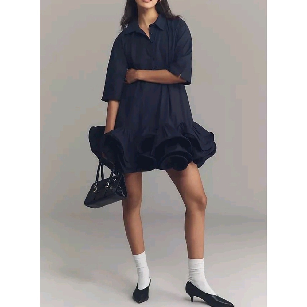 Maeve Anthropologie Navy Blue Bubble Hem Mini Shirt Dress Size M Short Sleeve